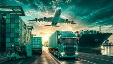 Cargo plane, container ship, freight truck and forklift at a port