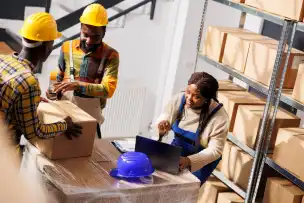 Workers managing cargo inside a large warehouse storage facility